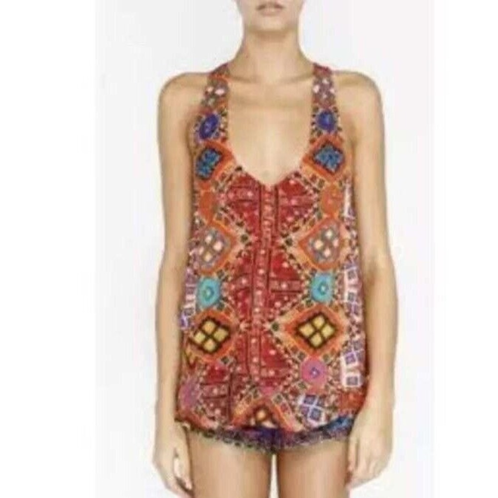 Camilla Franks Women's Mirror Dance Embellished Raceback Silk Tank Top Size 1 Sm